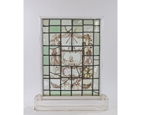 17th Century Dutch stained glass panel, dated 1662, painted with a sailing vessel above an inscription, framed by cherubs and