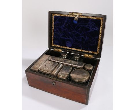 Victorian rosewood vanity box, the rectangular box bound with brass opening to reveal a velvet hinged interior panel to the l