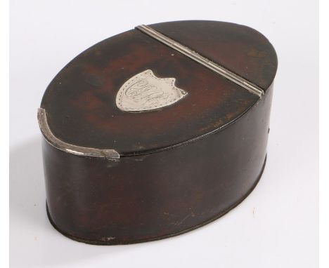George III table snuff box, the oval leather clad box with a white metal hinge and lip, a shield with monogram to the centre 