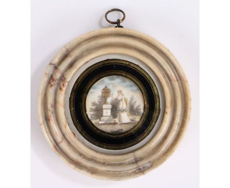 19th century mourning miniature on ivory panel depicting a lady holding a basket of flowers, her right hand outstretched towa