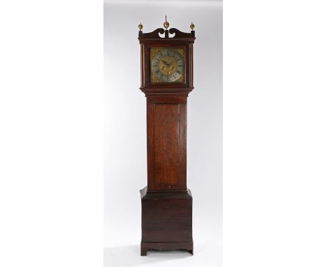 George III oak longcase clock, Bar Dammant, Colcestrie, with swan neck pediment above a glazed hood flanked by columns and a 