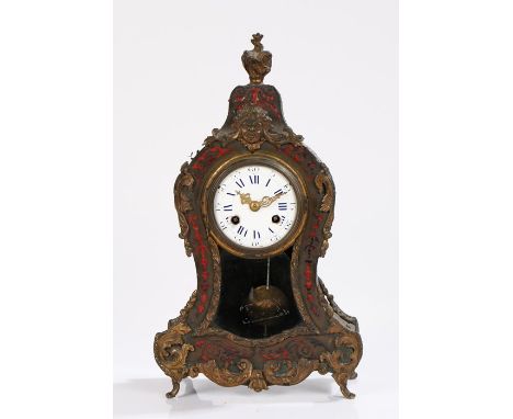 19th Century Boulle work mantel clock, surmounted by a flaming urn above ormolu mounts and swag Boulle work to the waisted ca