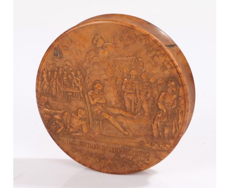 Napoleon Bonaparte interest, an early 19th Century French pressed wood snuff box, titled La Veille d'Austerlitz, with Napoleo