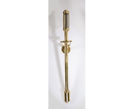 Brass marine barometer by R.N. Desterro, Lisbon,&nbsp;the silvered dial with rack and pinion vernier, gimballed stem with wal