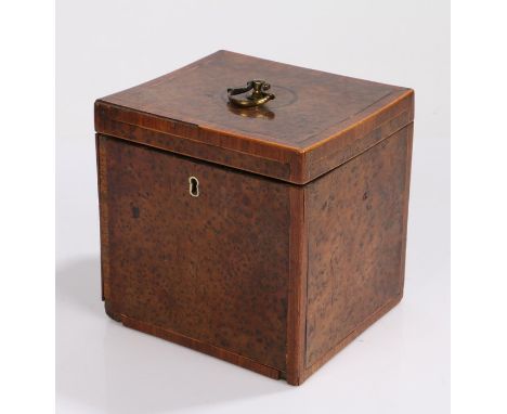 George III burr yew tea caddy, the hinged top with kingwood and boxwood banding above the conforming base, the interior with 
