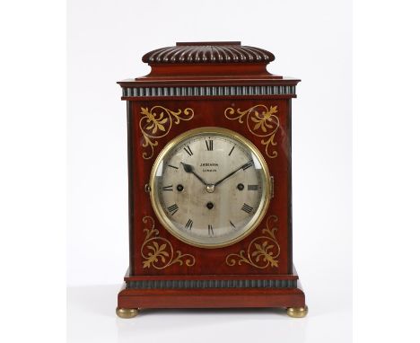19th Century mahogany bracket clock, J.W. Benson, London, the gadrooned [pad top above bras inlaid scroll spandrels above the