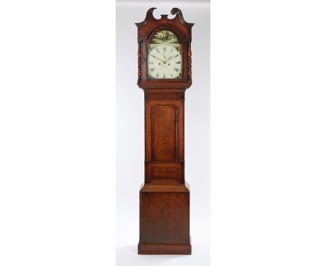 Early 19th Century oak and mahogany cased longcase clock, the hood with pierced scroll pediment above an arched glazed door f