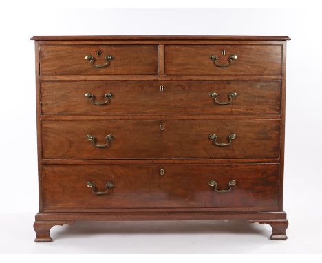 George III mahogany chest of two short and three long drawers, with brass swan neck handles, raised on ogee bracket feet, 118