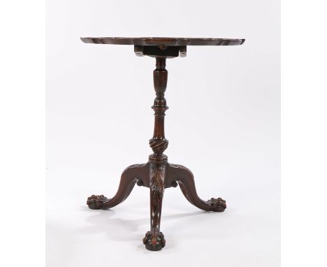 George III carved mahogany tripod occasional table, circa 1760 and later, having a circular one-piece tilt-action pie-crust m