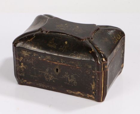 Chinese export lacquered twin compartment tea caddy, 19th century, the shaped hinged lid with figural decoration and swags ab