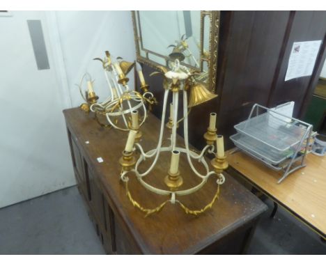 TWO ITALIAN CREAM AND GILT METAL FOUR LIGHT ELECTROLIERS OF DRAPED FORM, ONE WITH SIX SCROLL BRANCHES, WITH CANDLE PATTERN SC