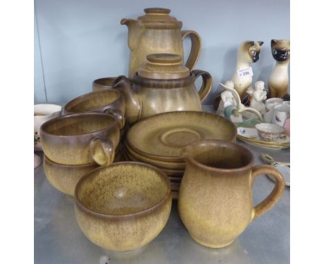 DENBY STONEWARE TEAPOT, COFFEE POT, SIX CUPS, SIX SAUCERS, MILK JUG AND A SUGAR BASIN  