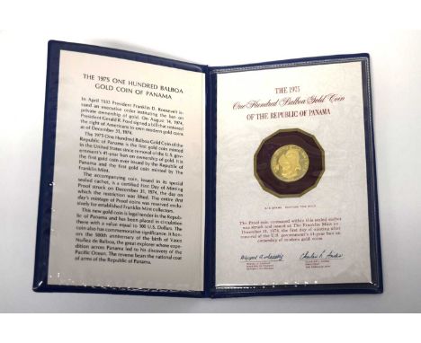 1975 100 Balboa gold proof coin of Panama, 8.16gms, 0.900 fineness in plastic wallet and certificate of authentification