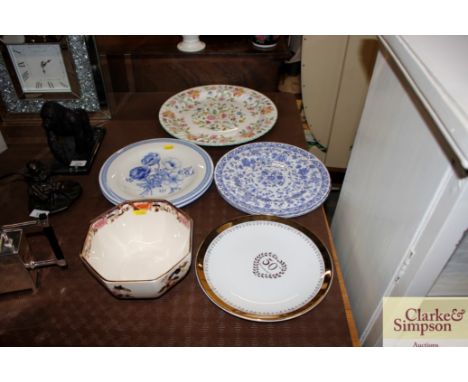 A large Minton "Haddon Hall" pattern serving plate; a pair of Doulton "Every Day" blue and white floral decorated plates; two