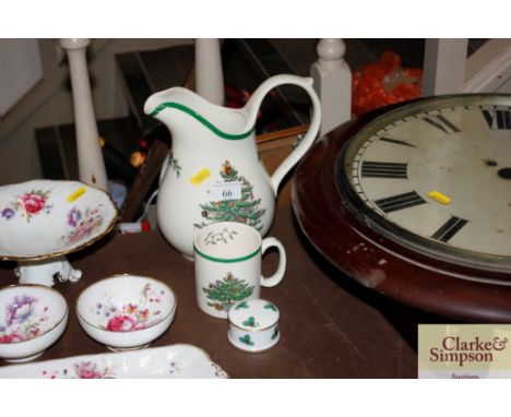 A Spode Christmas Tree pattern baluster jug and matching mug; and a Crown Staffordshire holly pattern box and cover