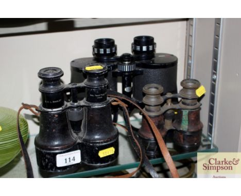 A pair of vintage Royal Thames Yacht Club binoculars; a pair of opera glasses; and another pair of binoculars 