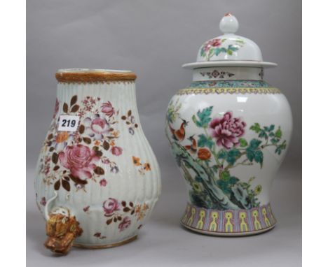 A Chinese famille rose vase and cover and a ceramic fountain vase height 35cm