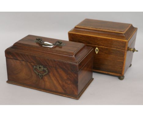 A George III mahogany tea caddy and a Regency rosewood caddy.