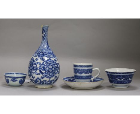 A group of 18th century Chinese export islamic palmette design blue and white wares, Kangxi - Qianlong, comprising a bottle v