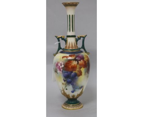 A Royal Worcester twin-handled vase, shape no. 311, painted with berries and autumn leaves, signed by Jenny Lander, and heigh