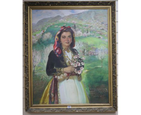 Greek School, oil on board, portrait of a girl in an orchard, indistinctly signed and dated 1937 88 x 71cm