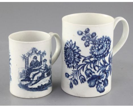 A Caughley blue and white floral spray pattern mug, c.1780 and a Worcester La Peche / Le Promenade chinoise pattern small mug