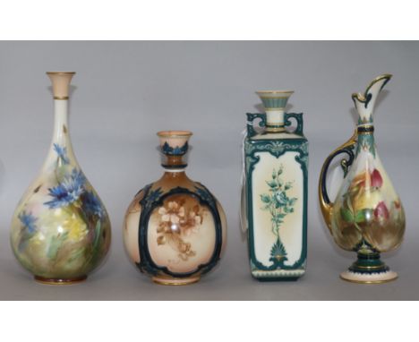 Four Hadley's Worcester decorative vases, various, including a ewer-shaped example painted with flowers, on circular foot, a 