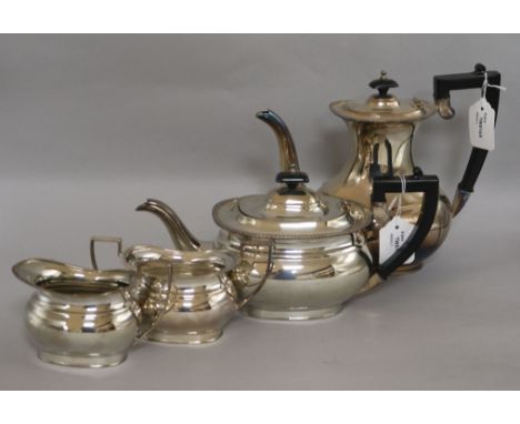 A four-piece plated tea service of gadrooned oval form