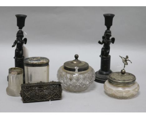 A pair of 19th century French black-painted cast iron candlesticks, sundry silver and plate-mounted glassware, etc, the candl