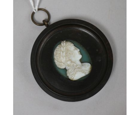 A 19th century miniature hardstone portrait bust of a classical female, the carved white agate head on a green aventurine bac