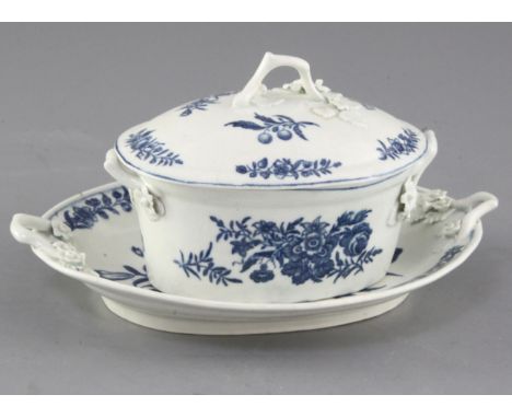A Worcester rose-centred spray group blue and white butter tub, cover and stand, c.1770, cross hatch crescent mark, 21cm