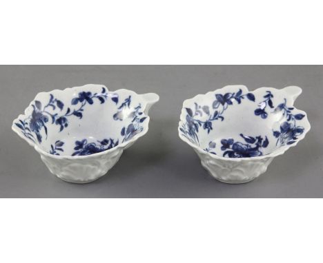 A pair of Worcester geranium leaf butter boats, decorated with the Butter Boat Mansfield pattern, c.1758-1760, blue painted '