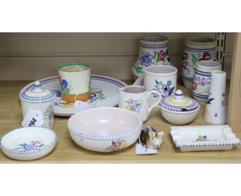 Twelve items of traditional floral-decorated Poole pottery and two other items, comprising a Poole mouse and a Clarice Cliff 