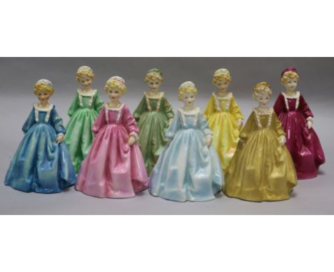 Eight Royal Worcester figures of 'Grandmother's Dress', after Freda Doughty, various colours including pink, cherry, gold, ye