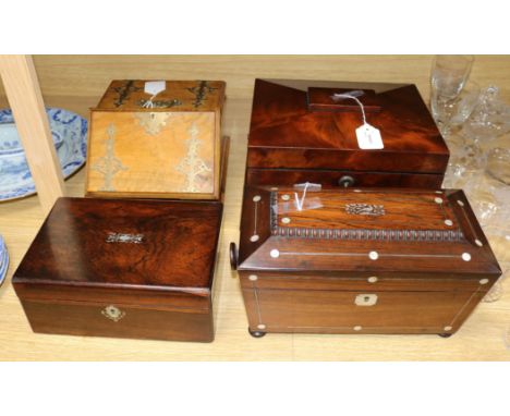 A William IV mother of pearl-inlaid rosewood sarcophagus tea caddy and three other boxes, including a Kashmiri brass-bound wa