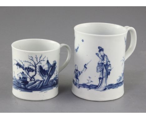 A Worcester Walk in the Garden pattern mug and a smaller Gazebo pattern mug, both painted in underglaze blue, workmen's marks