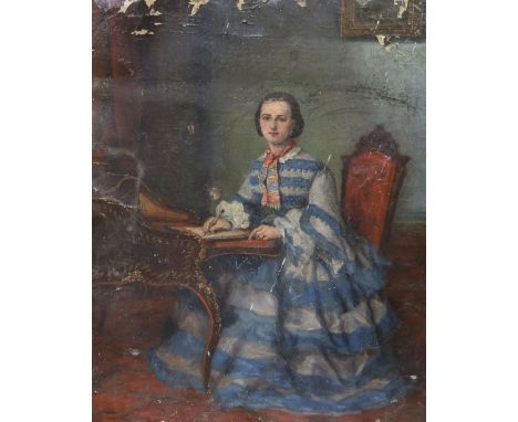 French School, oil on canvas, portrait of a lady seated at a writing desk 50 x 40cm, unframed
