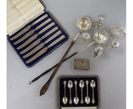 A collection of silver - 4 cruets, napkin ring, 2 cased sets, a snuff box and 2 punch ladles.