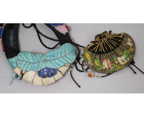 A Chinese purse with four ceramic floral beads with a silk headdress