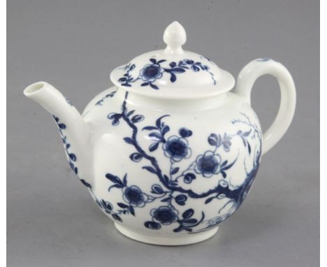 A rare Worcester Prunus Root pattern blue and white miniature teapot and cover, c.1760-5, open crescent mark, height 10cm