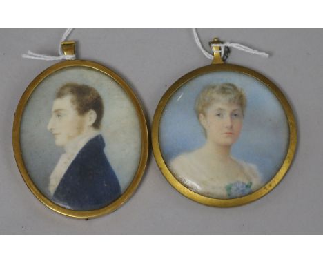 Two gilt-framed head and shoulder miniature portraits, watercolour on ivory, including a an oval portrait of a young 19th cen