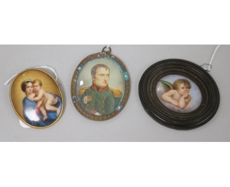 Three Continental miniature portraits, including an oval enamel on porcelain study of a Raphael cherub, in turned wood frame,