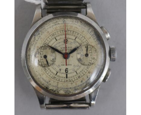 A gentleman's stainless steel Uweco chronograph manual wind wrist watch.