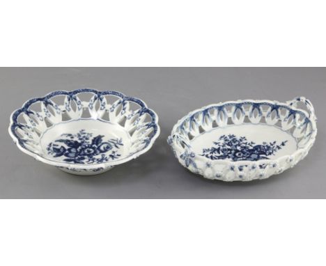 Two Worcester pine cone pattern blue and white baskets, c.1770-5, one of oval form, the other circular, crescent marks, 21cm 