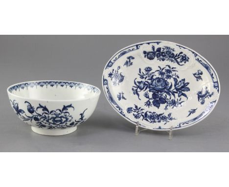 A Worcester Peony pattern blue and white bowl and a Worcester Rose-centred Spray Group blue and white oval stand, c.1760-75, 