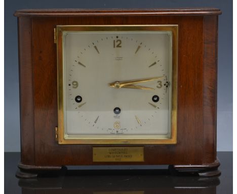 Elliott walnut case presentation mantle clock, square dial, signed Henry Greaves, movement striking on eight gongs, width 28c