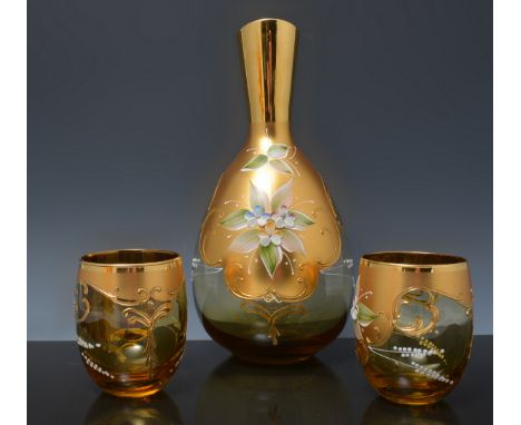 German green glass goblet, bowl with enamel decoration of figures, 20cm and a Venetian gilt and enamel set, comprising carafe