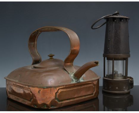 Brass and steel miner's safety lamp, labelled "Protector Lamp and Lighting Co. Limited", 25cm, a pair of brass and aluminium 