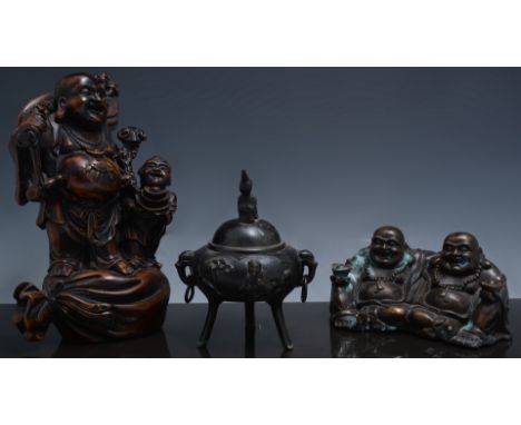 Composition group of Hoti and Attendant, 27cm, other Far Eastern figurines, soapstone lamp base etc.