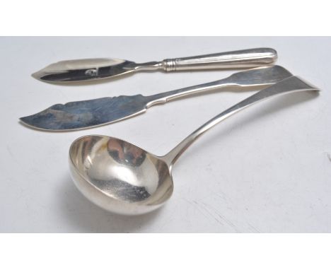 George III silver butter knife, London 1801, filled handle, another Georgian butter knife and a George III silver ladle (3).